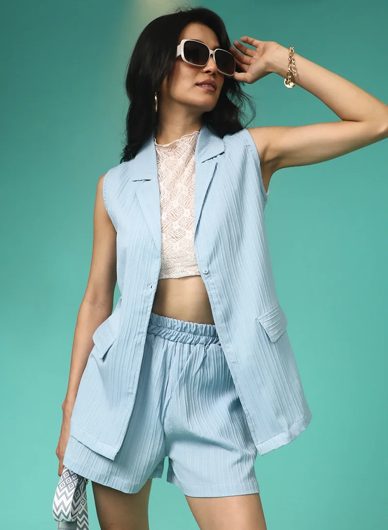 Women's Powder Blue Tailored Vest Co-Ord Set For Casual Wear | Lapel Collar | Sleeveless | Button Closure | Co-Ords Designed With Comfortable Fit For Woman & Girls